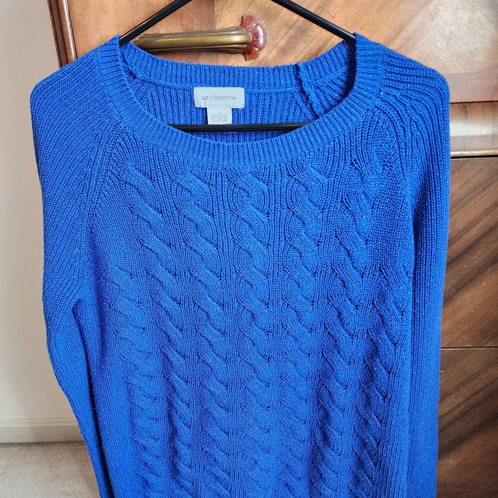 Liz Claiborne Bright Blue Metallic Cable Knit Scoop Sweater Size Large